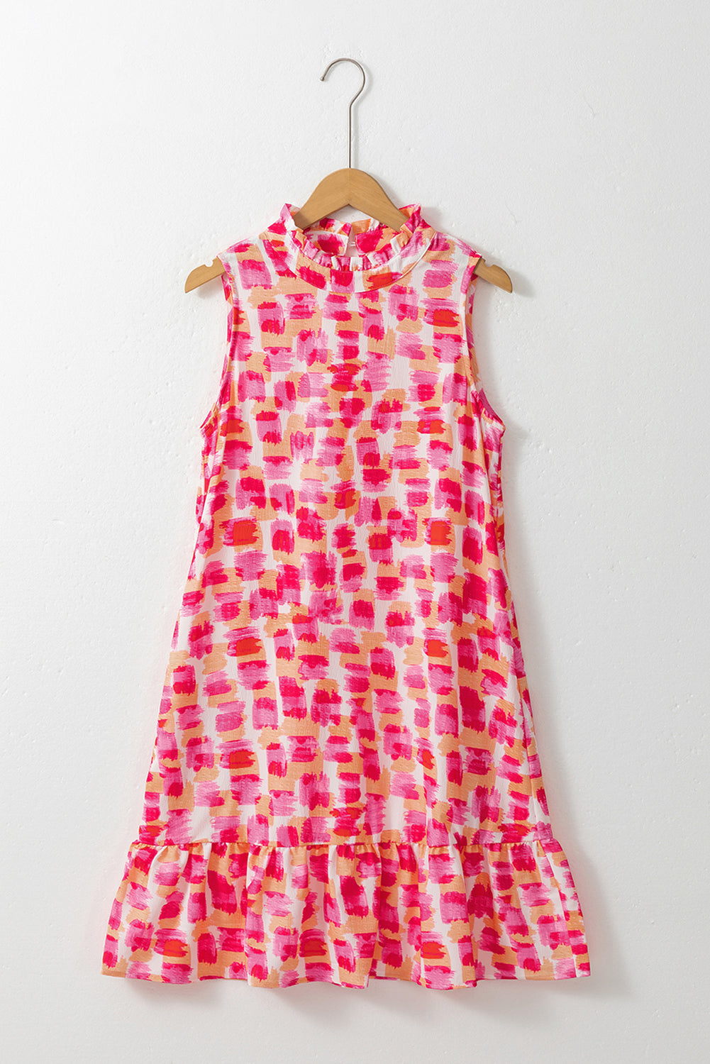 Pink Abstract Print Frill Neck Sleeveless Mini Dress