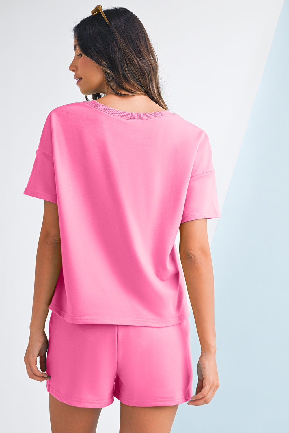 Bonbon V Neck Drop Shoulder Tee and Patchwork Shorts Set