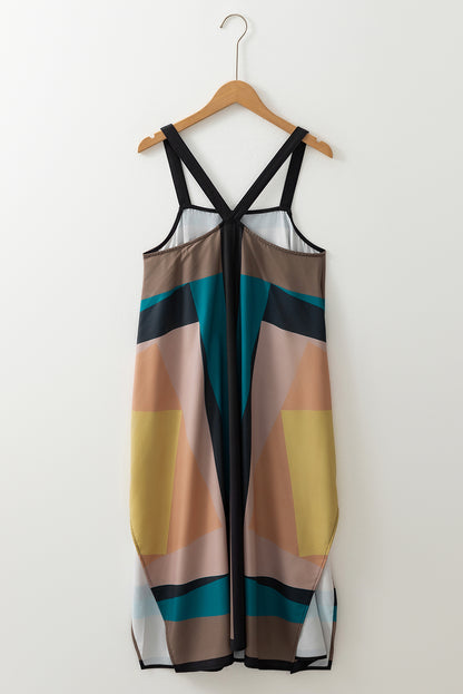 Brown Retro Geometric Print Y Back Sleeveless Dress