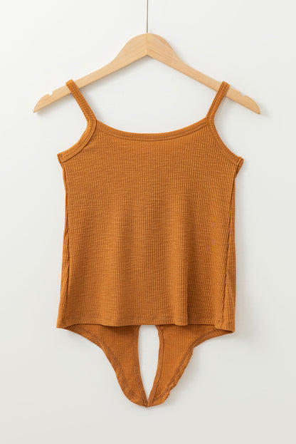 Straw Yellow Ribbed Front Knot Buttoned Thin Strap Cami Top
