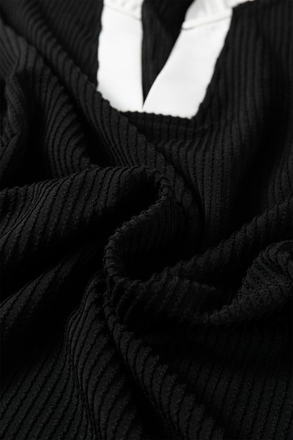 Black Plus Size Contrast Frilled Neckline Ruffled Short Sleeve Ribbed Textured Blouse