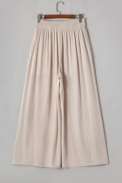 Beige Frill Smocked Waist Wide Leg Plus Size Pants