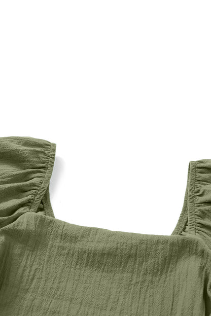 Jungle Green Square Neck Ruched Puff Sleeve Romper