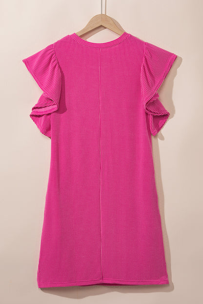 Rose Red Plain Crinkle Rib Flutter Sleeve Mini Dress