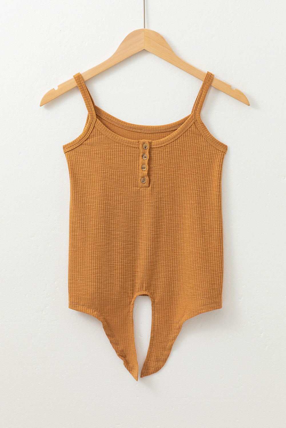 Straw Yellow Ribbed Front Knot Buttoned Thin Strap Cami Top