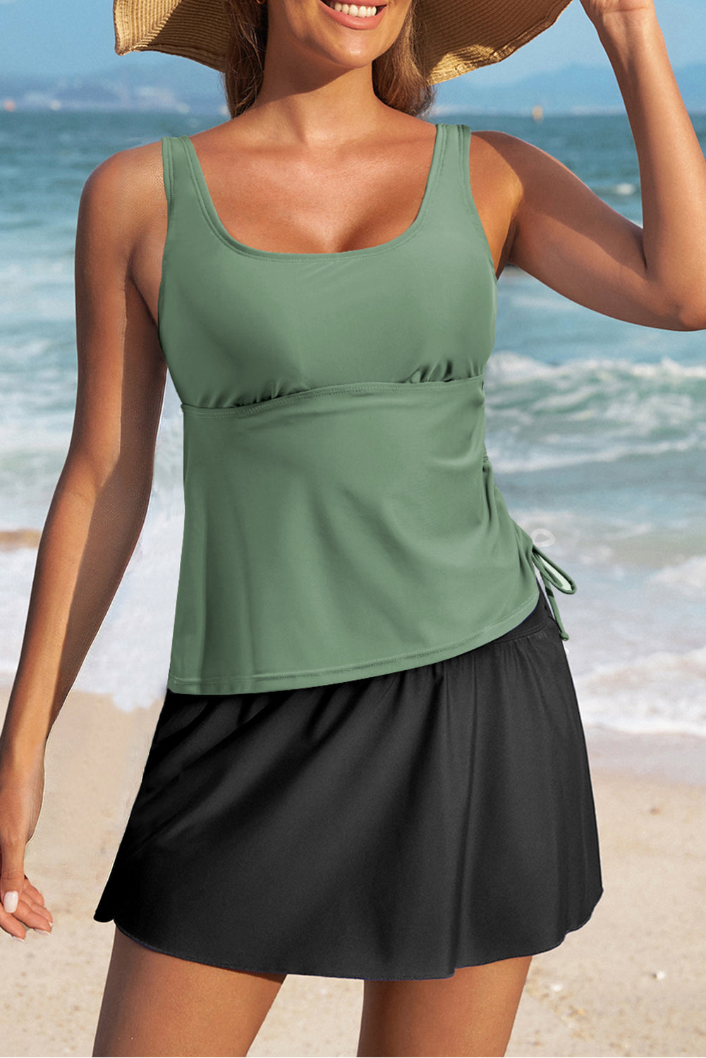 Mist Green Scoop Neck Adjustable Tankini and Matching Skort