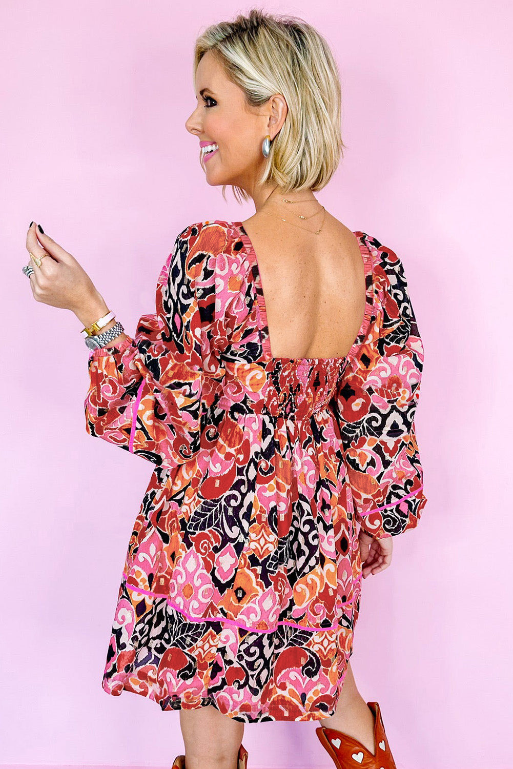 Pink Geometric Print Square Neck Puff Sleeve Mini Dress