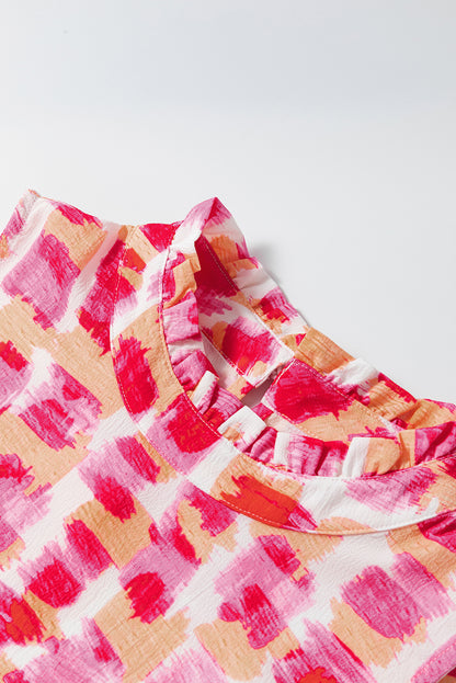 Pink Abstract Print Frill Neck Sleeveless Mini Dress