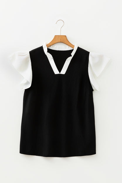Black Plus Size Contrast Frilled Neckline Ruffled Short Sleeve Ribbed Textured Blouse
