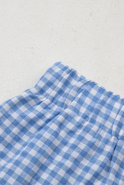Blue Vintage Gingham Print High Waisted Loose Shorts