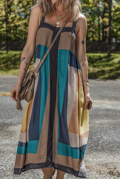 Brown Retro Geometric Print Y Back Sleeveless Dress