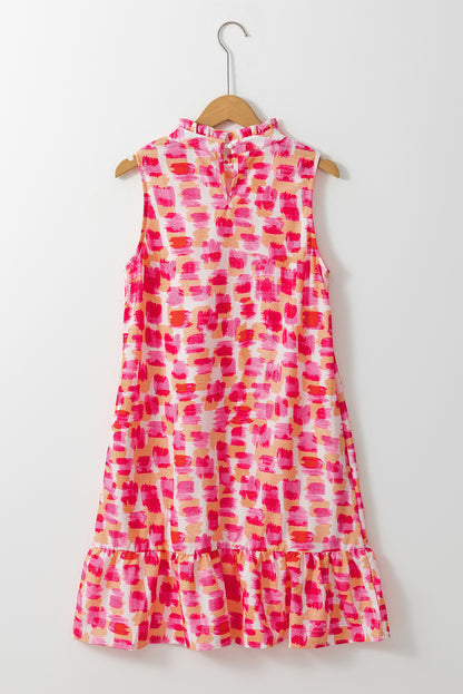 Pink Abstract Print Frill Neck Sleeveless Mini Dress
