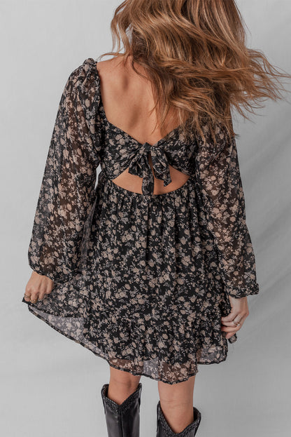 Black Floral Long Sleeve Frilly Shirred Square Neck Mini Dress